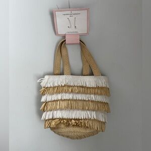 NWT cupcakes & cashmere Natural and White Layered Fringe Straw Tote 6”H x 9”W